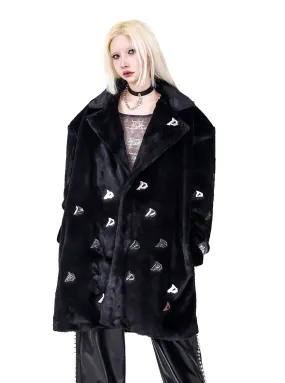 PINKSPINK Embroidered Ghost Faux Fur Coat - Black