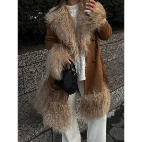 Wjczt 2000s fashion Fashion Stitching Fur Coat 2024 Fashion Winter Women's Button Warm Coat