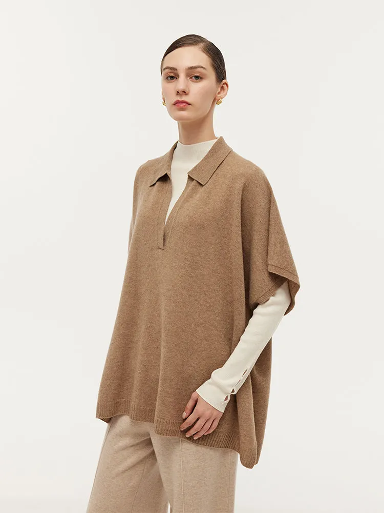 100% Cashmere Polo Collar Poncho Sweater