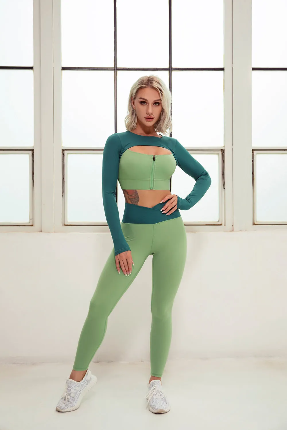 2 Piece Yoga Sets Zipper Crop Top Layered Long Sleeve Crop Top High Waisted Wrap V Waist Leggings