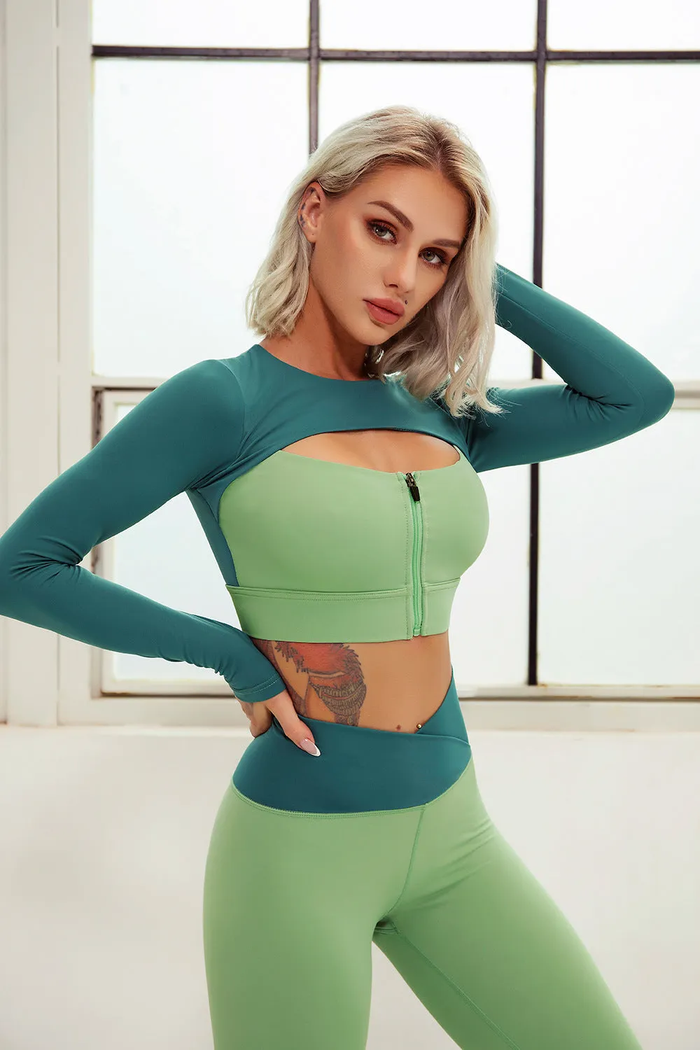 2 Piece Yoga Sets Zipper Crop Top Layered Long Sleeve Crop Top High Waisted Wrap V Waist Leggings