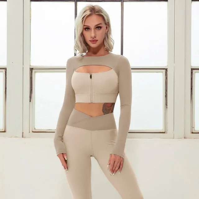 2 Piece Yoga Sets Zipper Crop Top Layered Long Sleeve Crop Top High Waisted Wrap V Waist Leggings