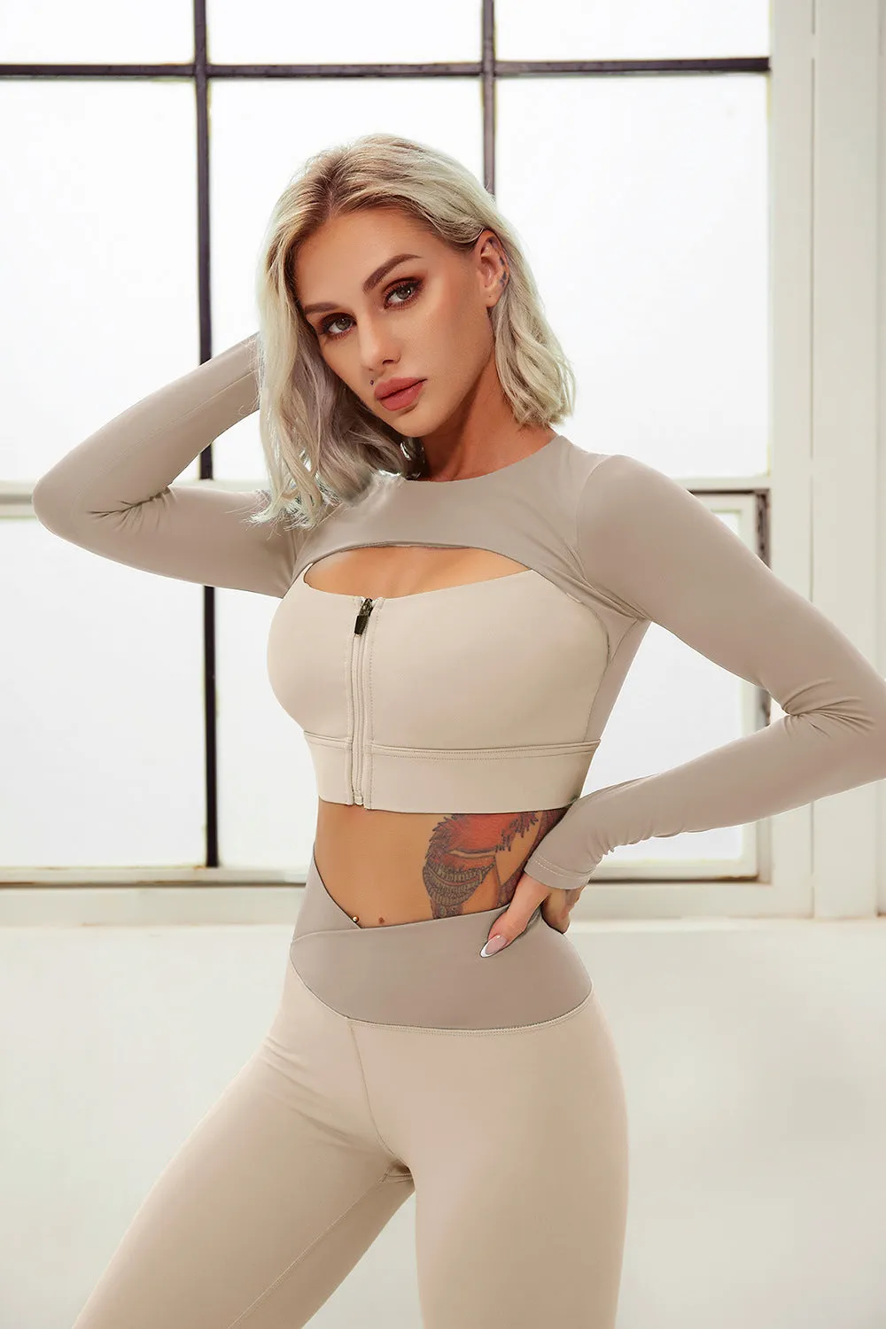 2 Piece Yoga Sets Zipper Crop Top Layered Long Sleeve Crop Top High Waisted Wrap V Waist Leggings