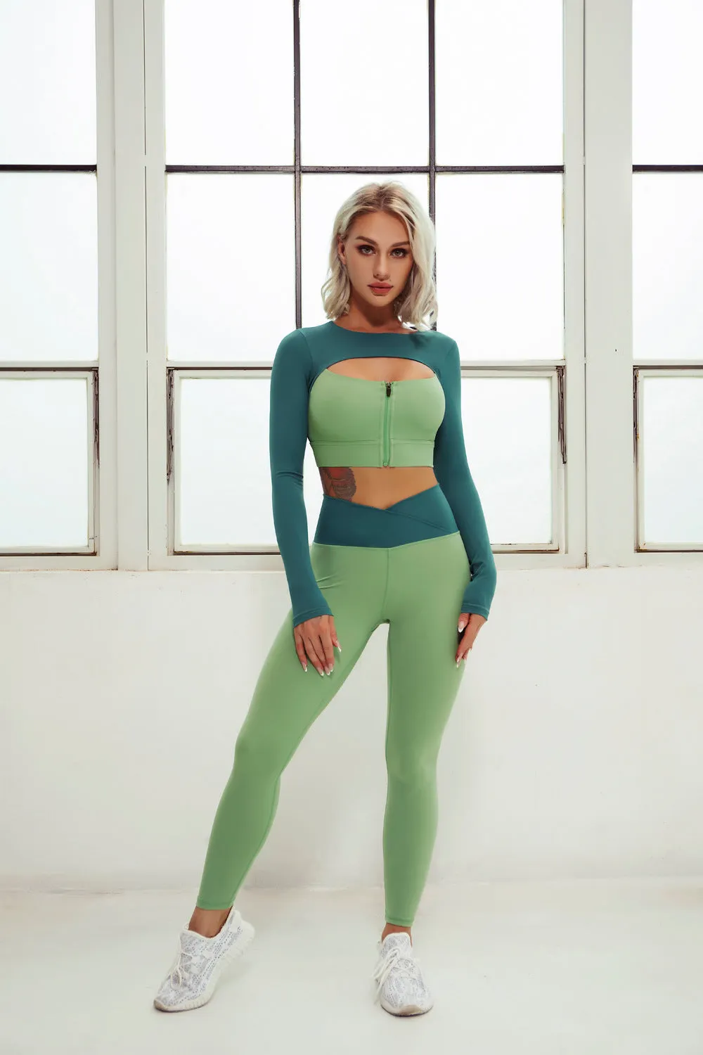 2 Piece Yoga Sets Zipper Crop Top Layered Long Sleeve Crop Top High Waisted Wrap V Waist Leggings