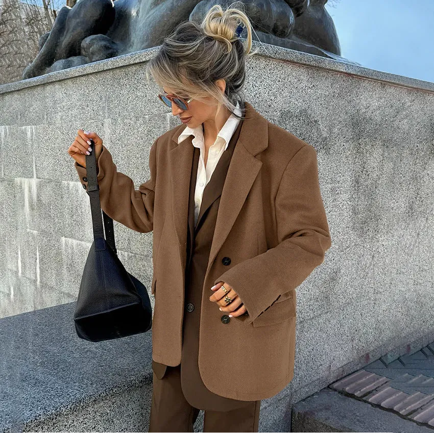 Advbridge Fall outfits Brown Woolen Overcoat for Women 2024 Winter French Retro Loose Thickened Casual Suit Jacket Old Money Style Wear