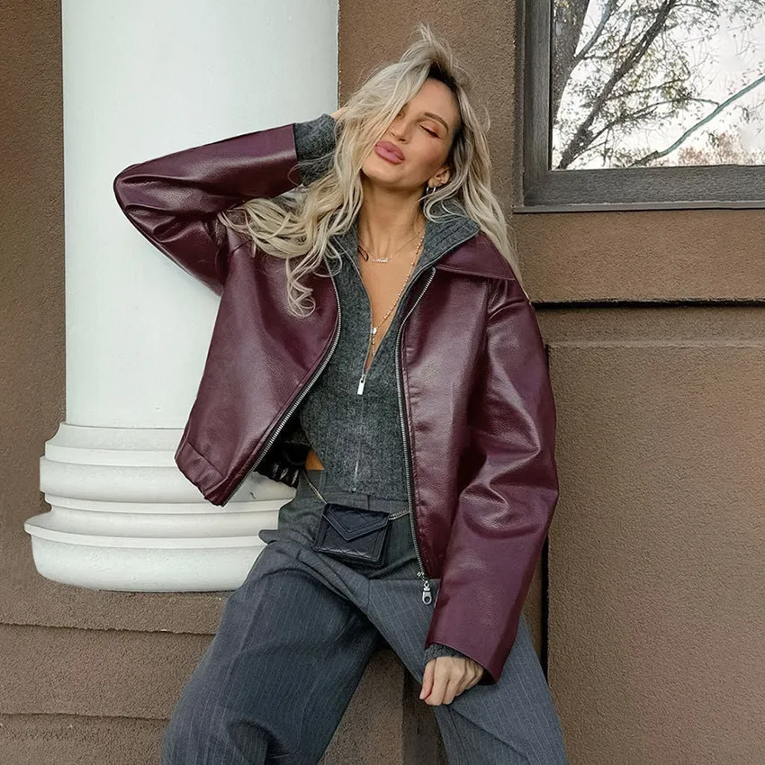 Advbridge moto jacket outfit Retro Motorcycle Style Wine Red Leather Coat for Women 2024 Autumn Fashionable Matte Leather Jacket Coat for Women