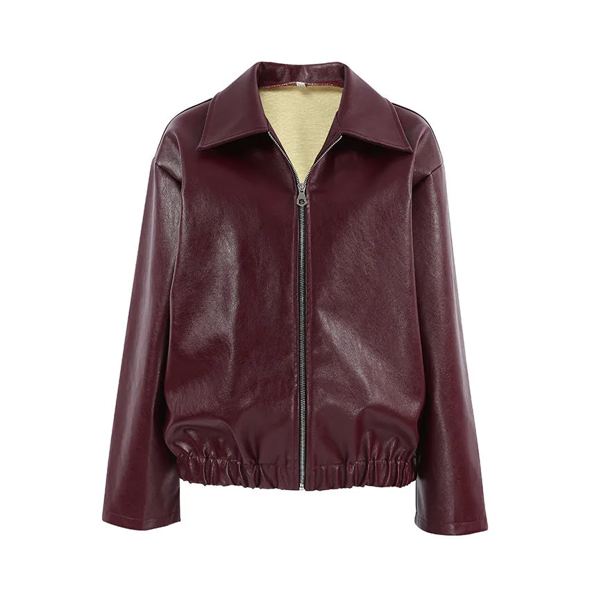 Advbridge moto jacket outfit Retro Motorcycle Style Wine Red Leather Coat for Women 2024 Autumn Fashionable Matte Leather Jacket Coat for Women