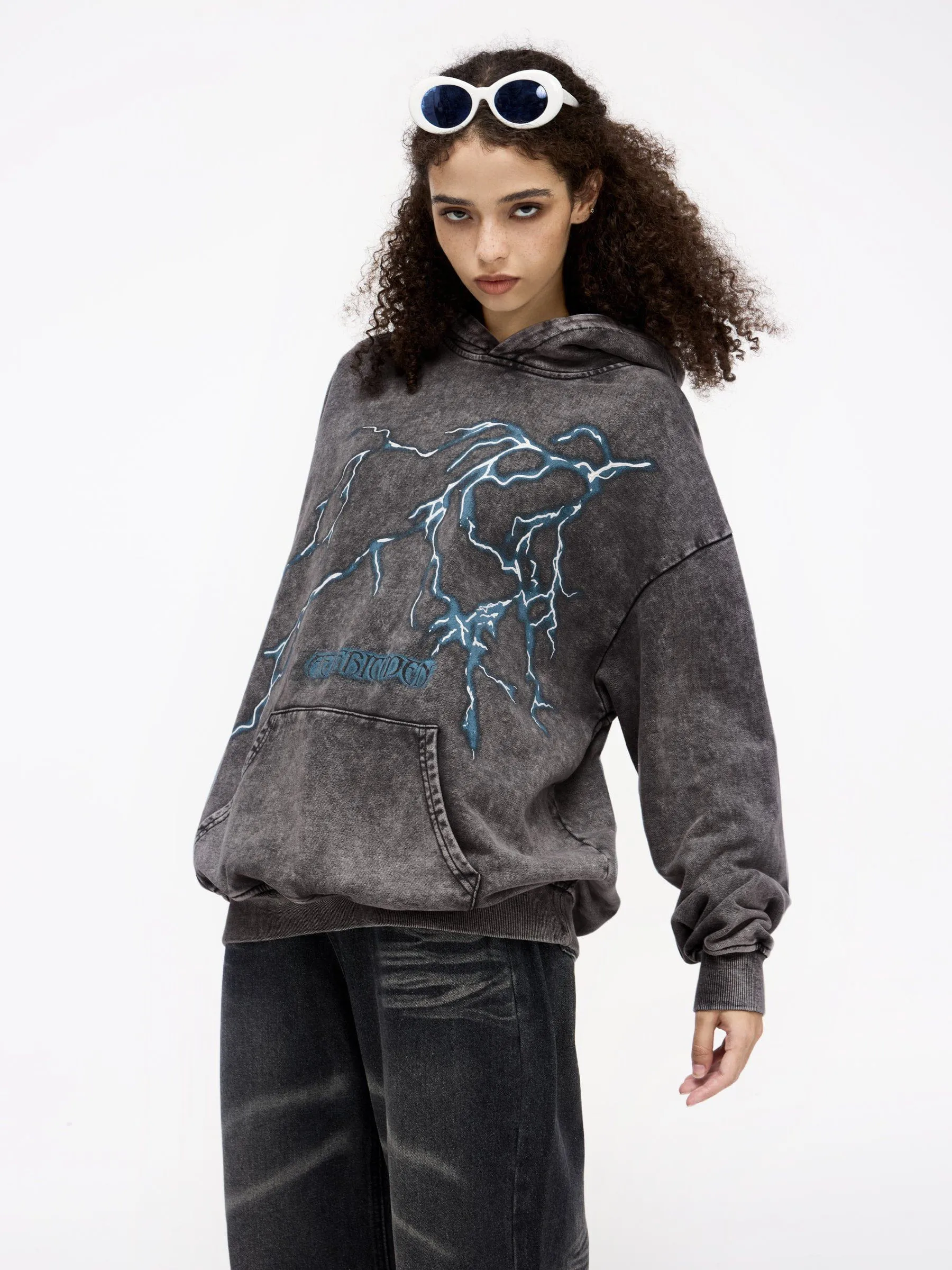 Aelfric Eden Washed Lightning Print Hoodie