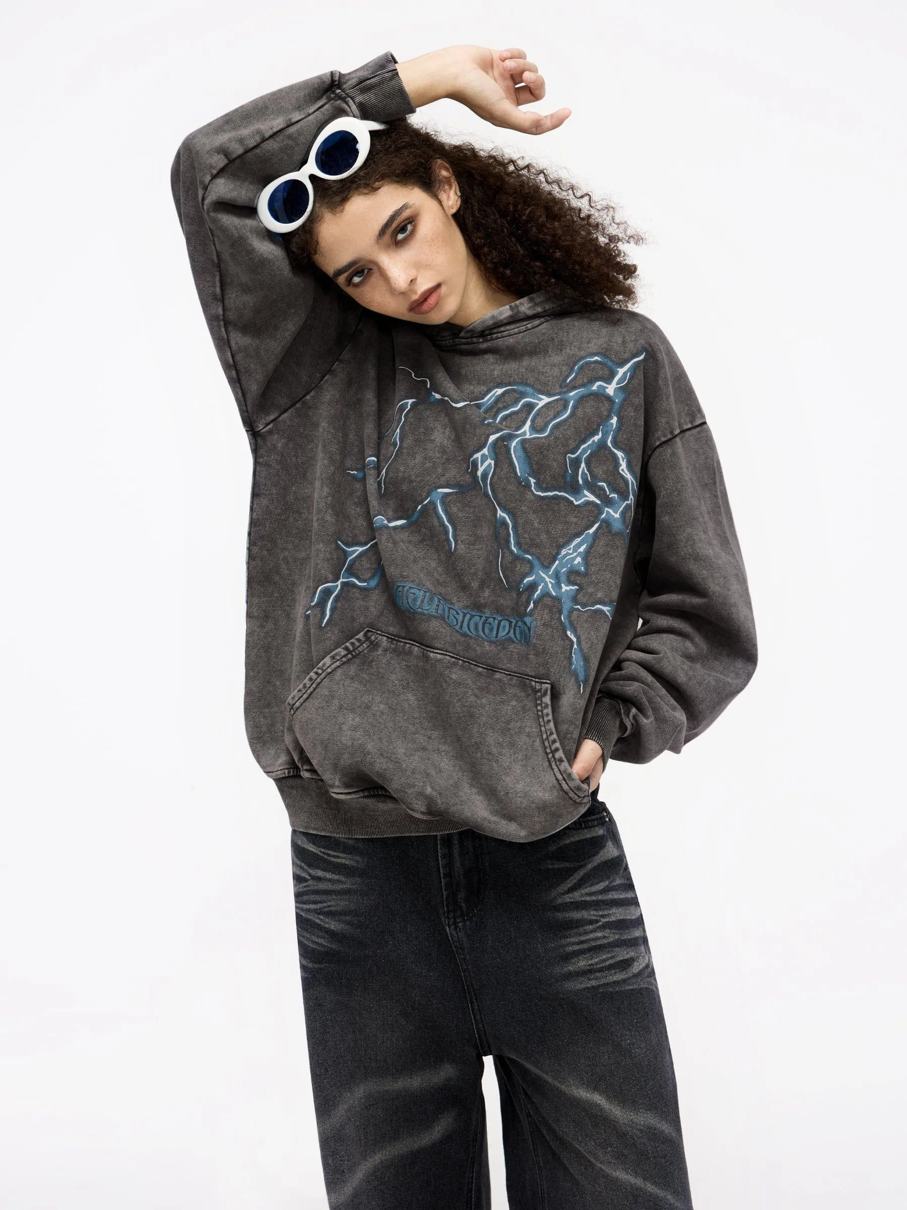 Aelfric Eden Washed Lightning Print Hoodie