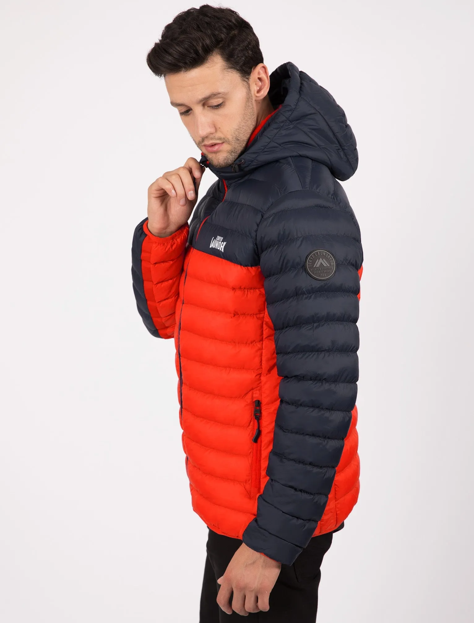 Aksel Colour Block Quilted Puffer Jacket with Hood In Red - Tokyo Laundry