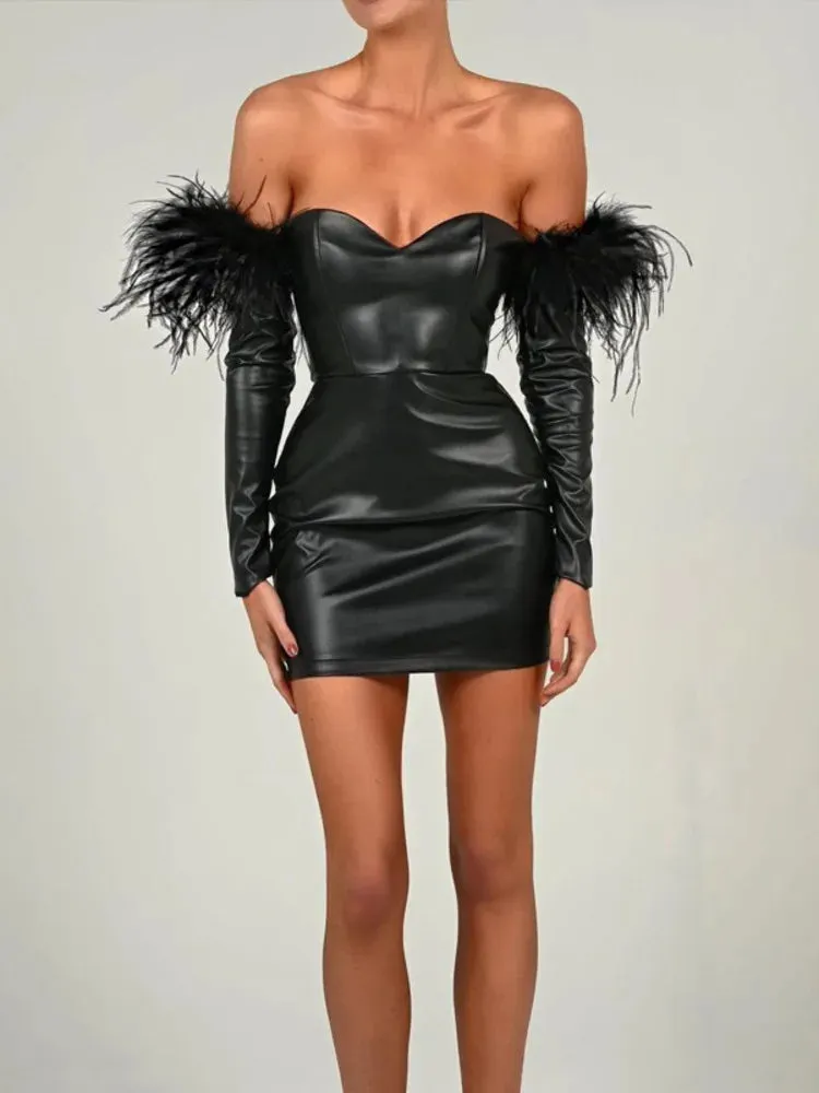 Amozae-hoco dresses -A Off-shoulder Feather Sleeve PU Leather Mini Dress For Women Robe Strapless Backless Sexy Party Short Dress Vestido