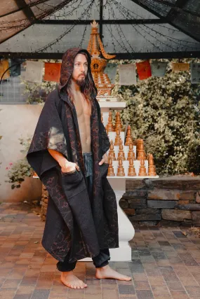 AYAWA Black Icaro Hooded Kimono Cape Poncho Robe Shipibo Sacred Patterns Ceremony Ritual Shaman Tribal Shawl Viking Festival Wrap AJJAYA