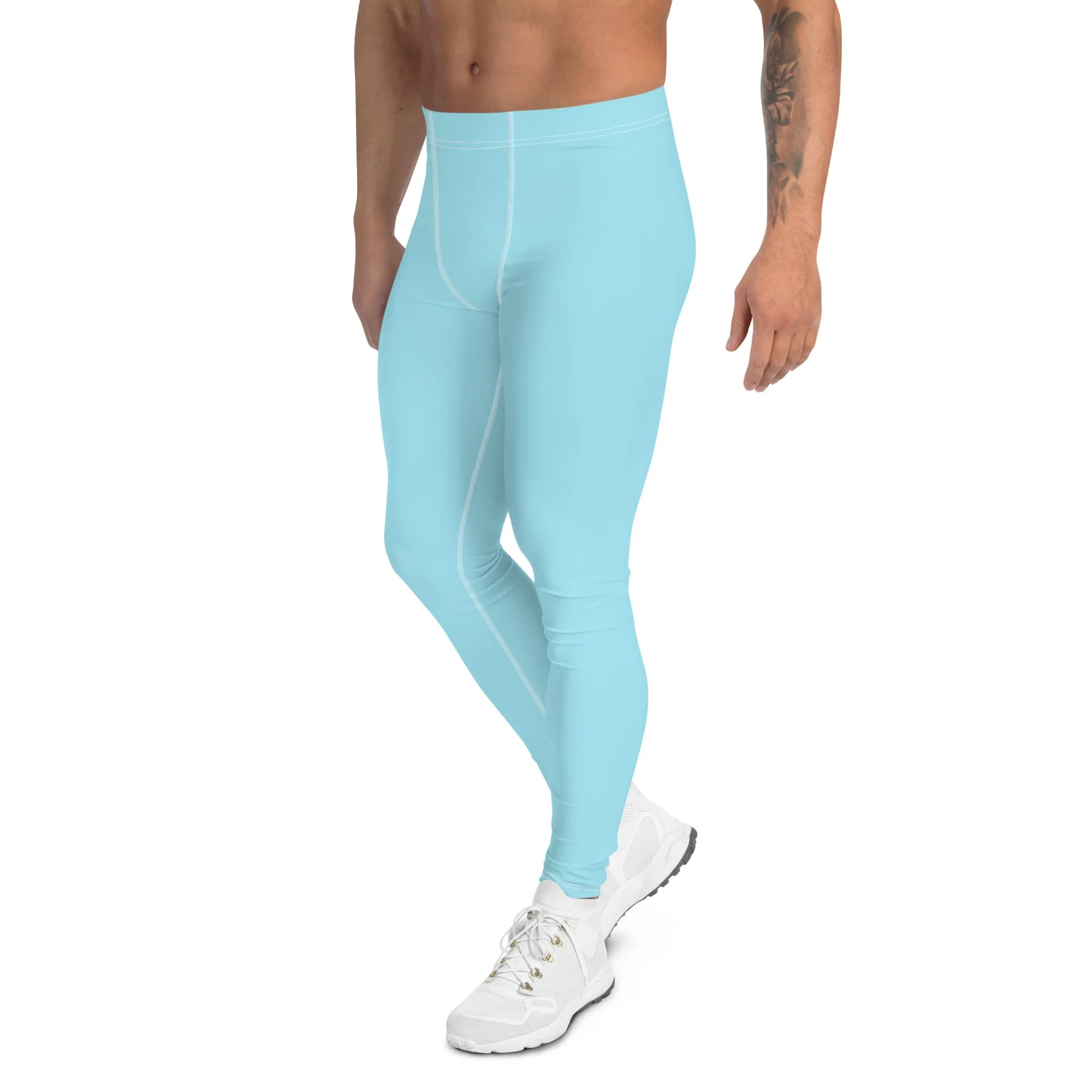 Baby Blue Color Men's Leggings, Modern Solid Blue Color Designer Spandex Men's Tights/Leggings- Made in USA/ MX/ EU