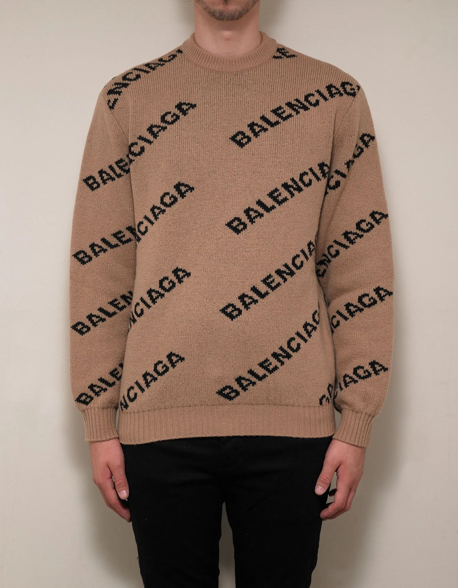 Beige Logo Jacquard Crew Neck Sweater -