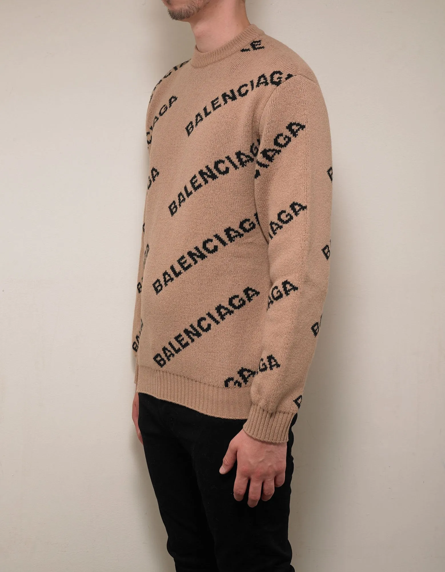 Beige Logo Jacquard Crew Neck Sweater -