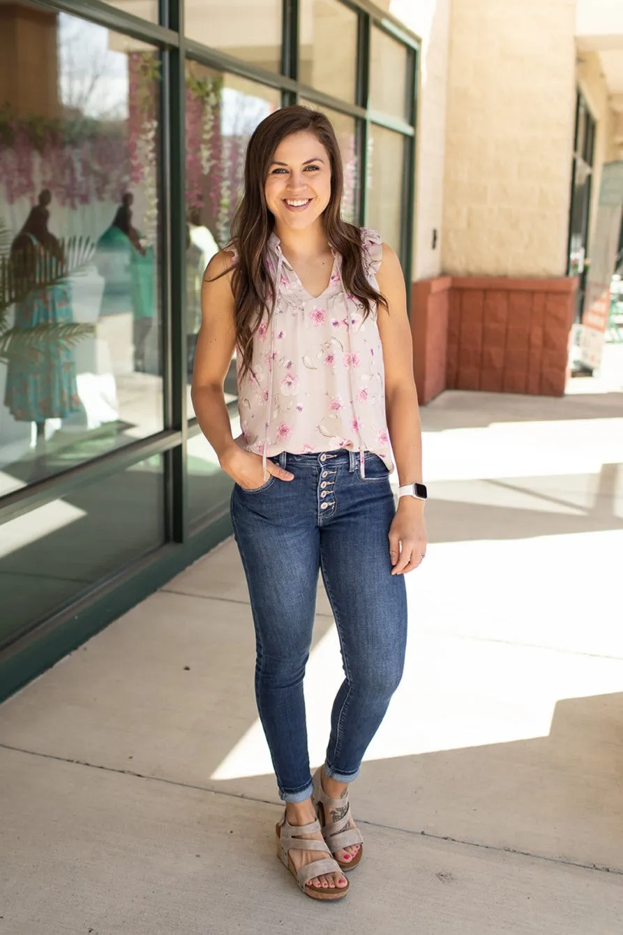 Beige Pink Floral Vneck Ruffle Tank