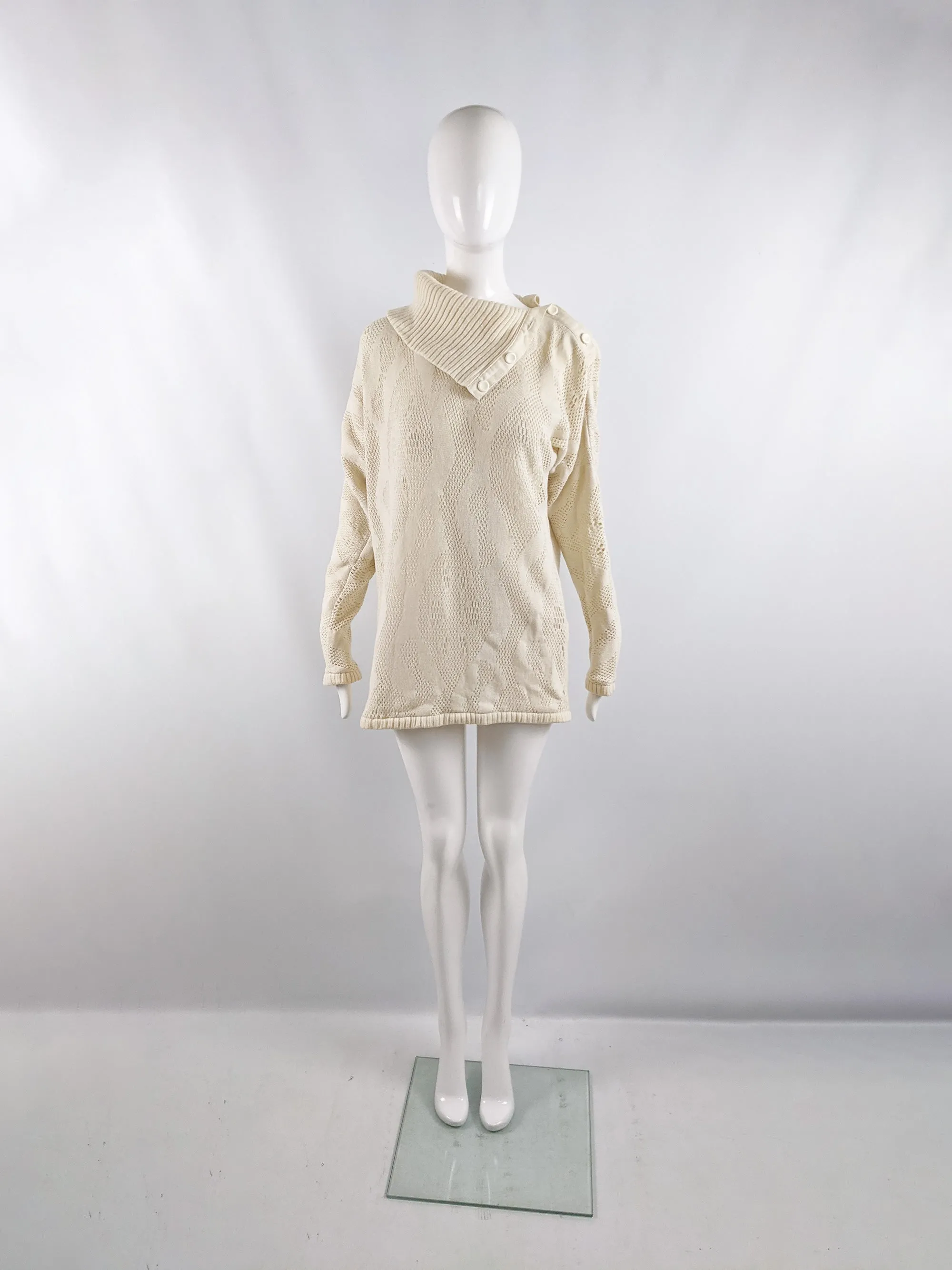 Bernard Perris Vintage Cream Textured Knit Split Polo Neck Jumper, 1980s