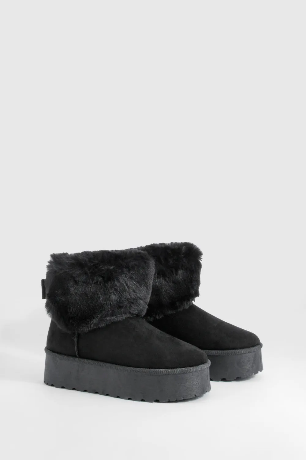 BLACK FAUX FUR LINED CHUNKY PLATFORM BOW DETAIL FUR COLLAR ANKLE BOOTS