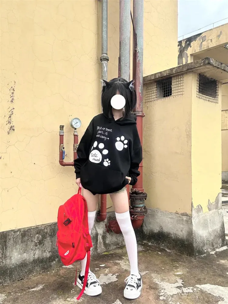 Black Friday Joskaa Kawaii Cat Paw Print Hooded Women Cutecore Kitty Ears Pullovers Female Oversized Japan Style Autumn Winter Sweatshirt