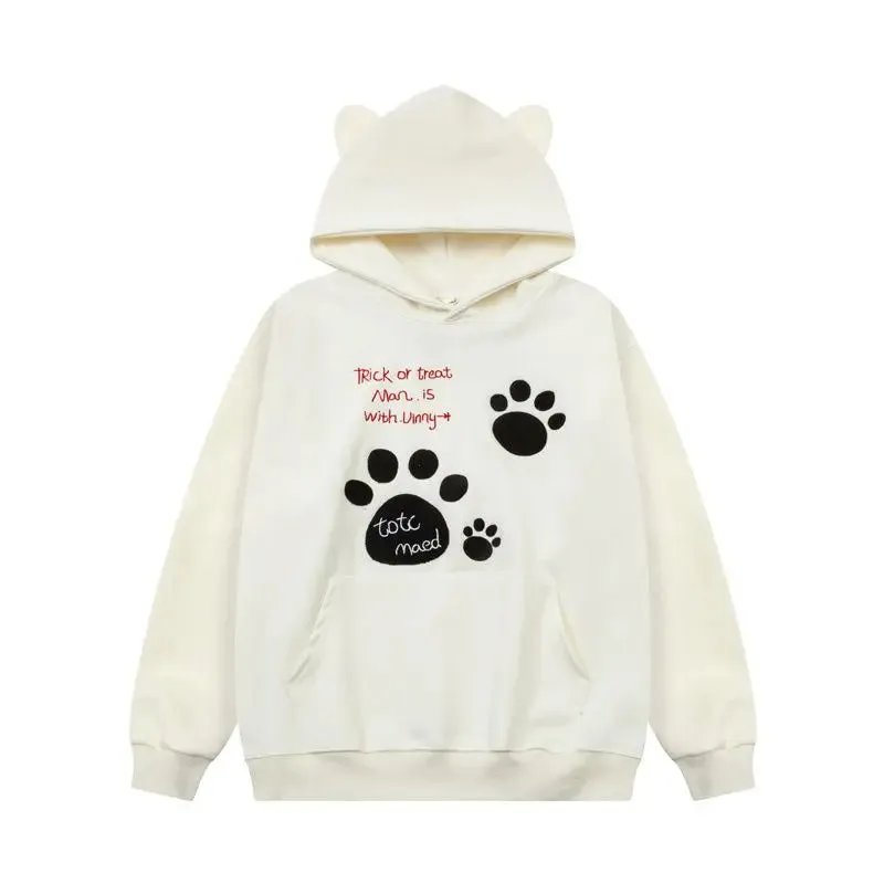 Black Friday Joskaa Kawaii Cat Paw Print Hooded Women Cutecore Kitty Ears Pullovers Female Oversized Japan Style Autumn Winter Sweatshirt