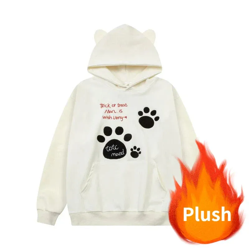 Black Friday Joskaa Kawaii Cat Paw Print Hooded Women Cutecore Kitty Ears Pullovers Female Oversized Japan Style Autumn Winter Sweatshirt