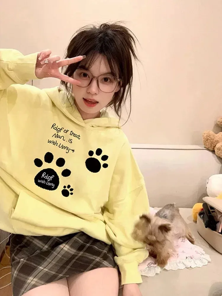 Black Friday Joskaa Kawaii Cat Paw Print Hooded Women Cutecore Kitty Ears Pullovers Female Oversized Japan Style Autumn Winter Sweatshirt