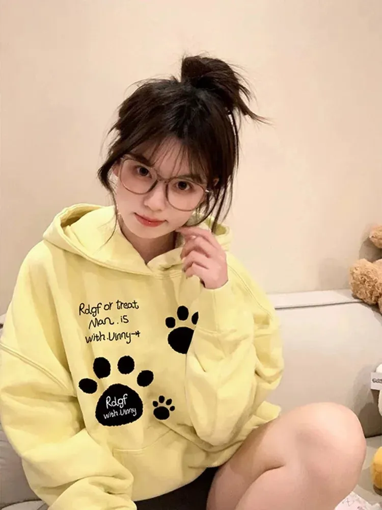 Black Friday Joskaa Kawaii Cat Paw Print Hooded Women Cutecore Kitty Ears Pullovers Female Oversized Japan Style Autumn Winter Sweatshirt