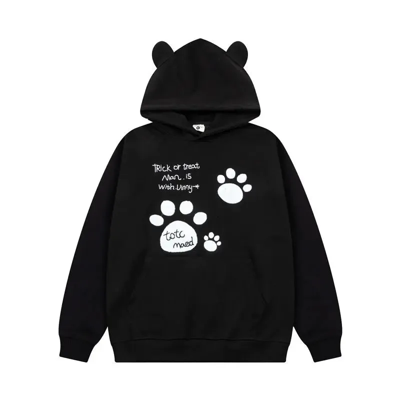 Black Friday Joskaa Kawaii Cat Paw Print Hooded Women Cutecore Kitty Ears Pullovers Female Oversized Japan Style Autumn Winter Sweatshirt