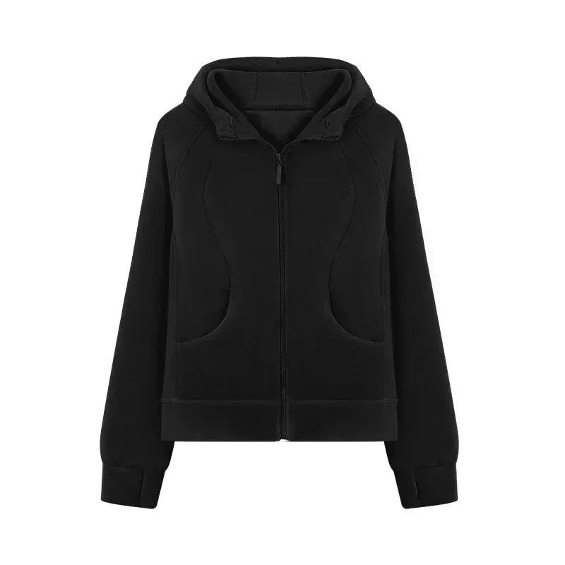 Black Friday Joskaa Solid Fleece Zip Up Hoodies for Women Slim Pink Sweatshirt Female Korean Style Long Sleeve Design Autumn Winter Clothes