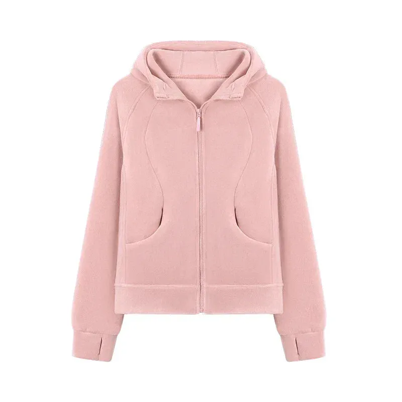 Black Friday Joskaa Solid Fleece Zip Up Hoodies for Women Slim Pink Sweatshirt Female Korean Style Long Sleeve Design Autumn Winter Clothes