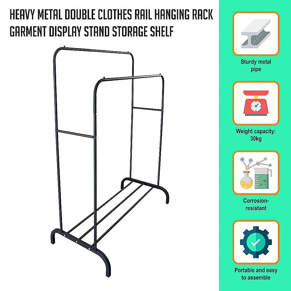 Black Heavy-Duty Double Clothes Rack with Shelf, 30kg