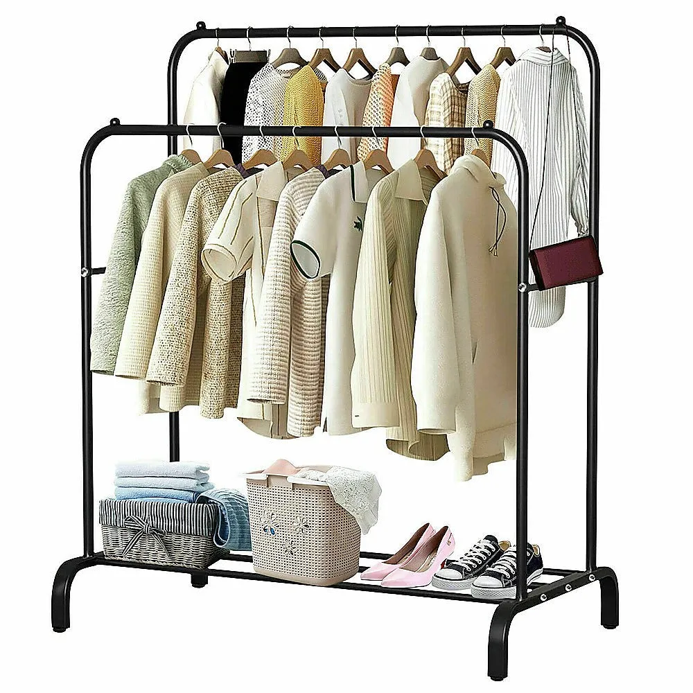 Black Heavy-Duty Double Clothes Rack with Shelf, 30kg