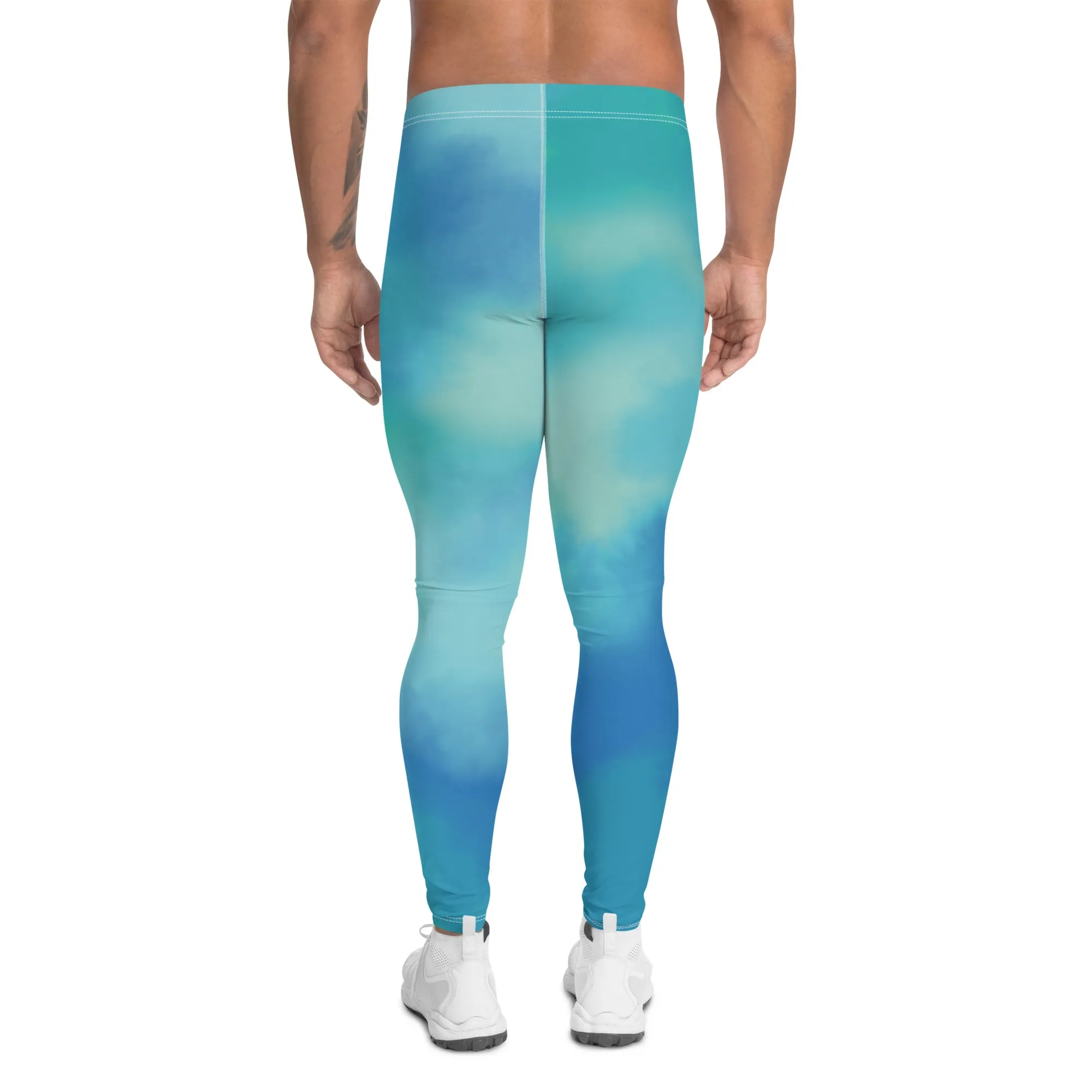 Blue Abstract Printed Meggings, Colorful Designer Compression Tights For Men - Made in USA/EU/MX