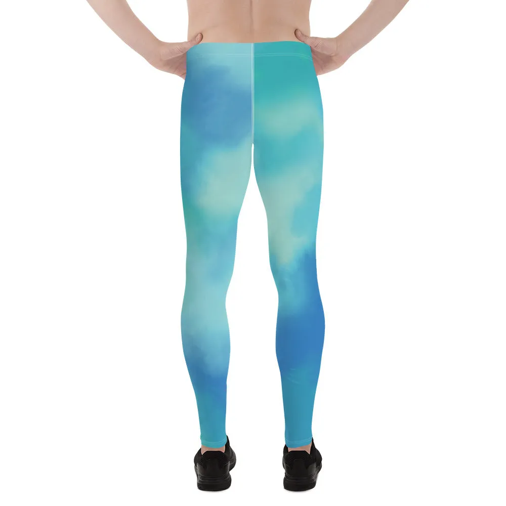 Blue Abstract Printed Meggings, Colorful Designer Compression Tights For Men - Made in USA/EU/MX