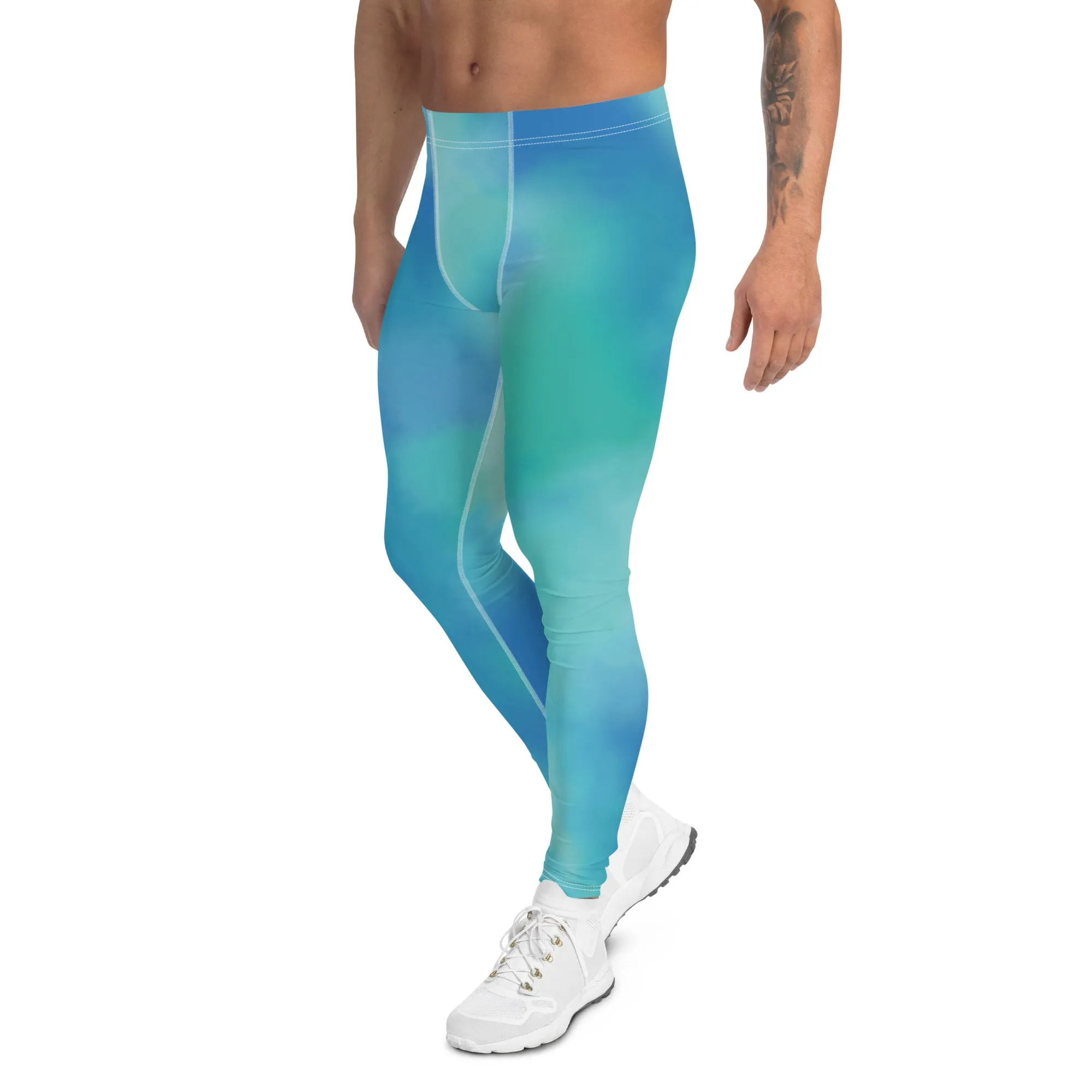 Blue Abstract Printed Meggings, Colorful Designer Compression Tights For Men - Made in USA/EU/MX