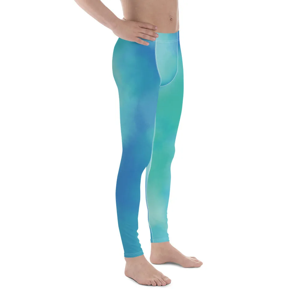 Blue Abstract Printed Meggings, Colorful Designer Compression Tights For Men - Made in USA/EU/MX