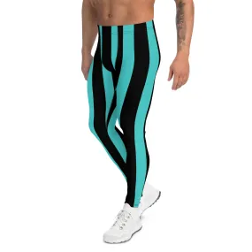 Blue Black Striped Men's Leggings, Designer Minimalist Black and Blue Vertically Striped Modern Meggings-Made in USA/EU/MX