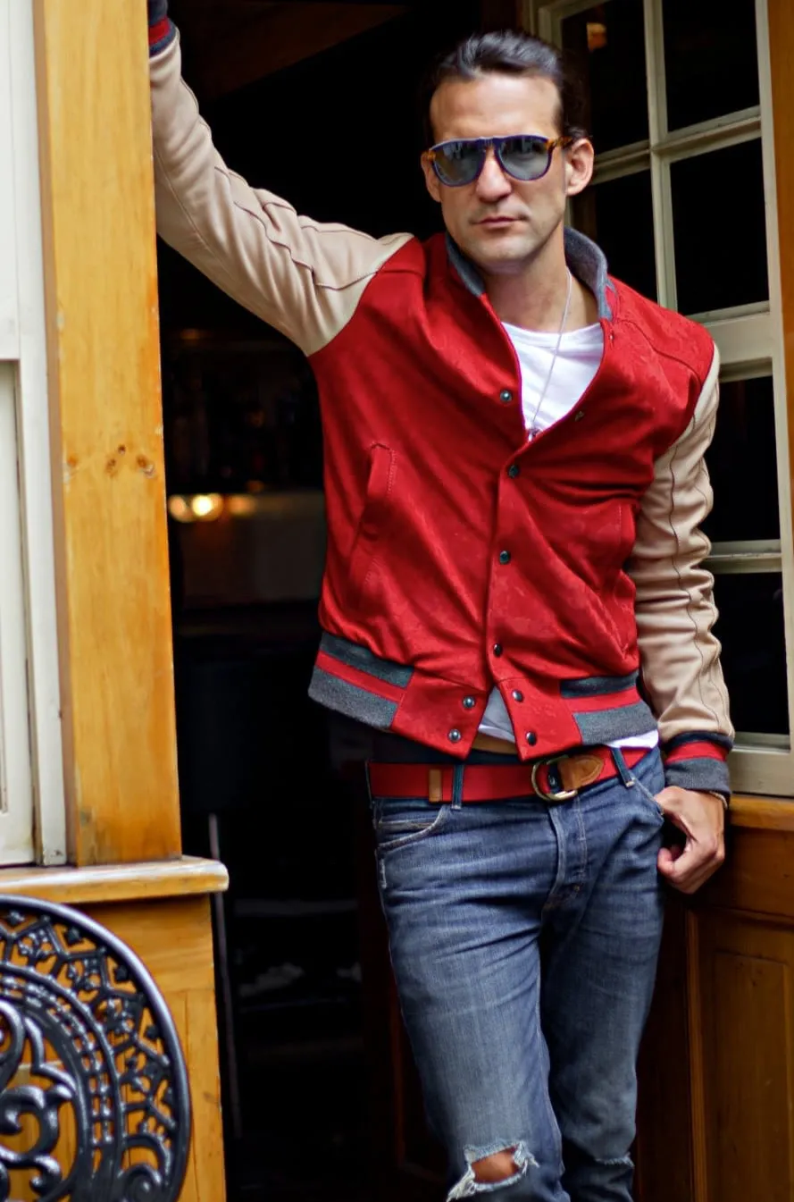 BOSTON 80 Leather Buffalo Varsity Jacket - Red & Ivory Stripes Raw Code