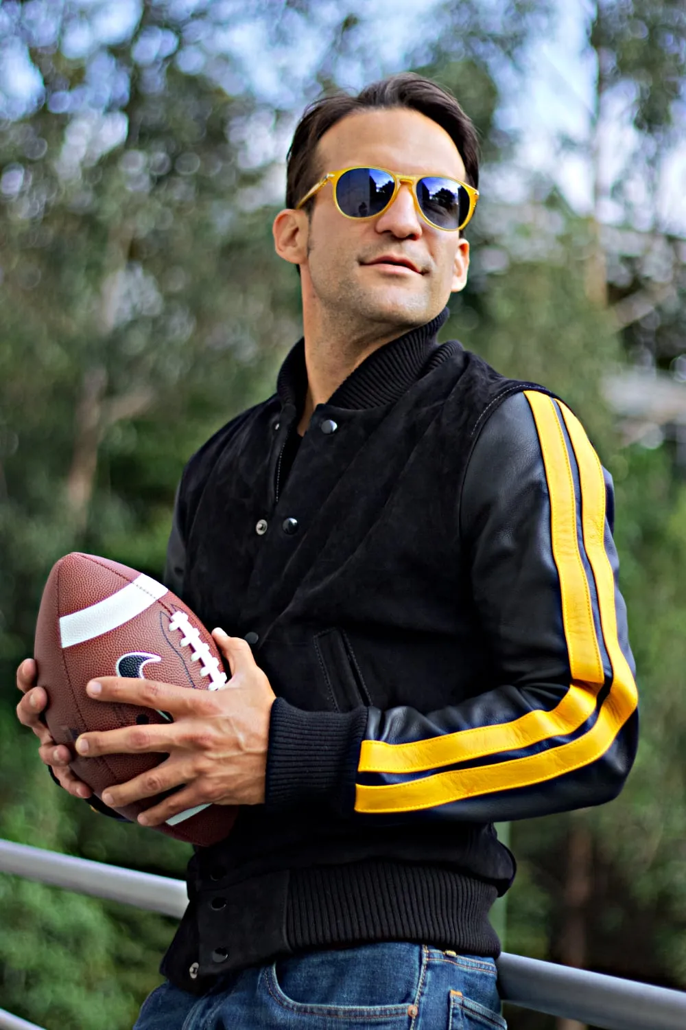 BOSTON Phantom Leather Buffalo Suede Varsity Jacket - Black & Yellow Stripes