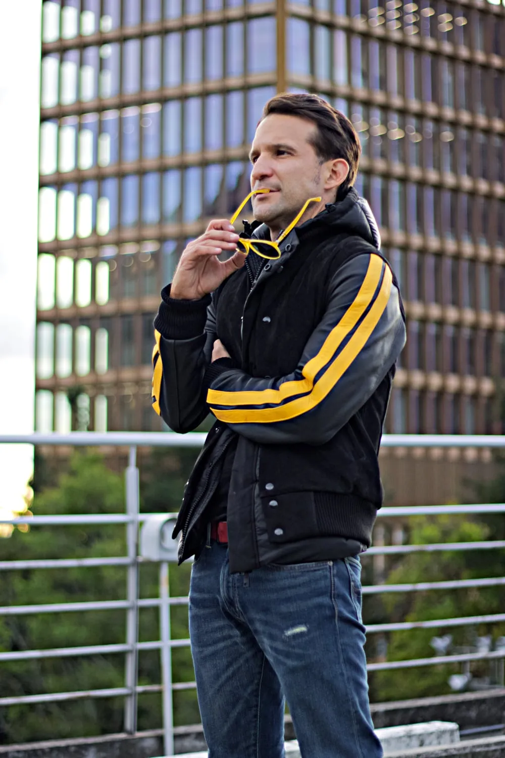 BOSTON Phantom Leather Buffalo Suede Varsity Jacket - Black & Yellow Stripes