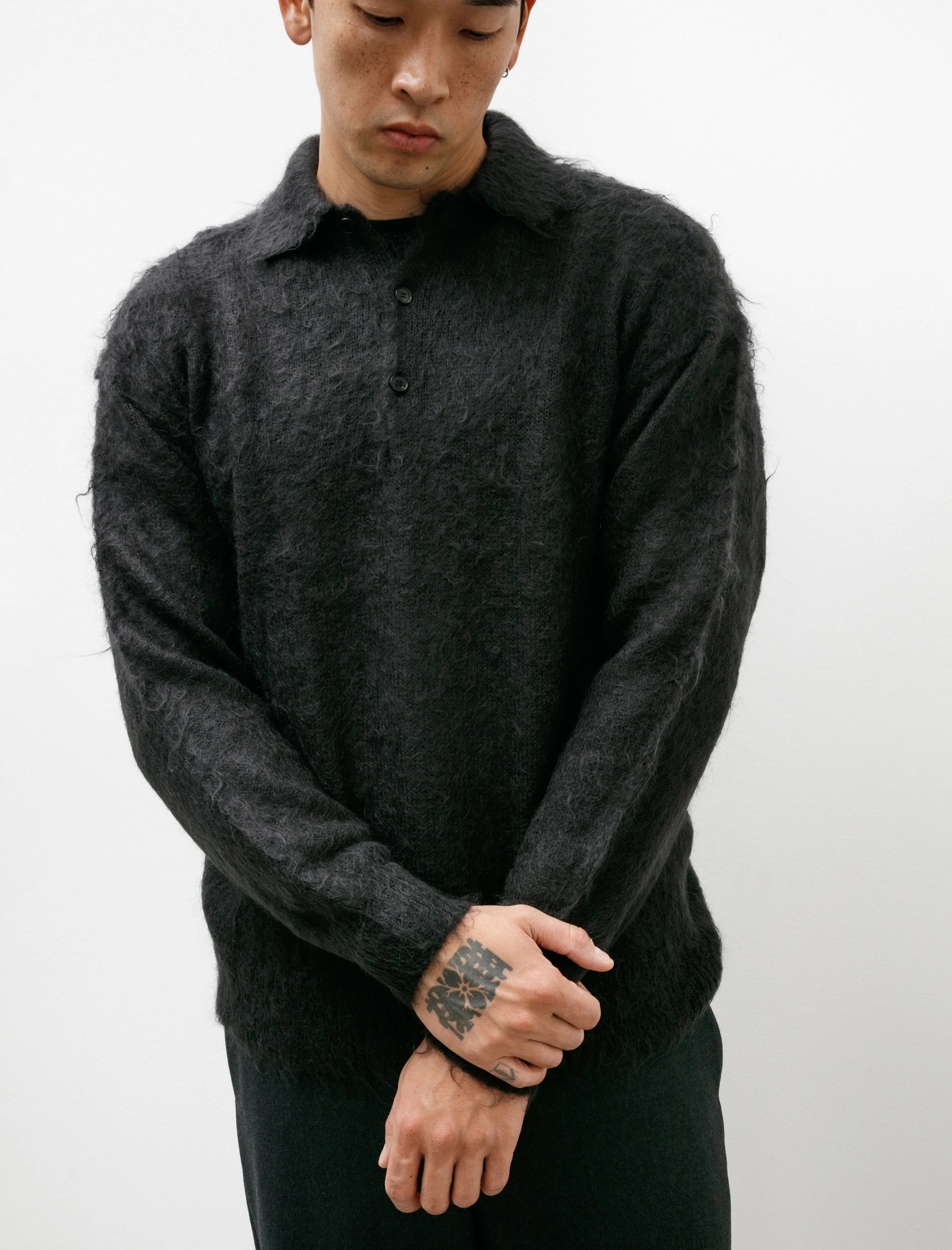 Brushed Super Kid Mohair Knit Polo Ink Black