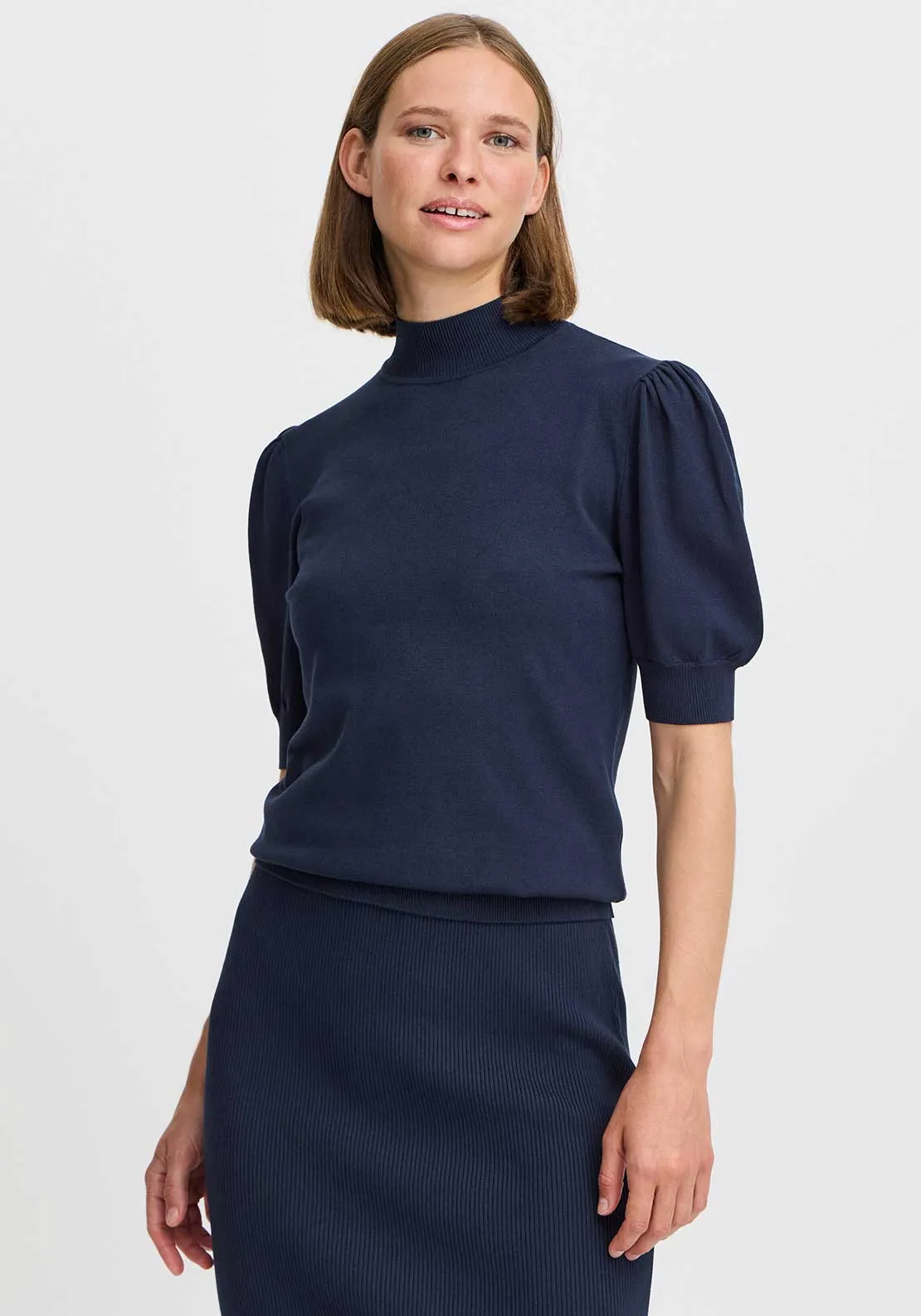 b.young Morla Puff Sleeve Polo Neck Sweater, Navy