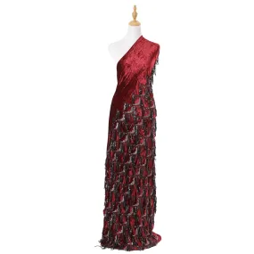 Carmine Red silk blended velvet fabric with black embroidery having black and silver sequins in fancy design-D6088