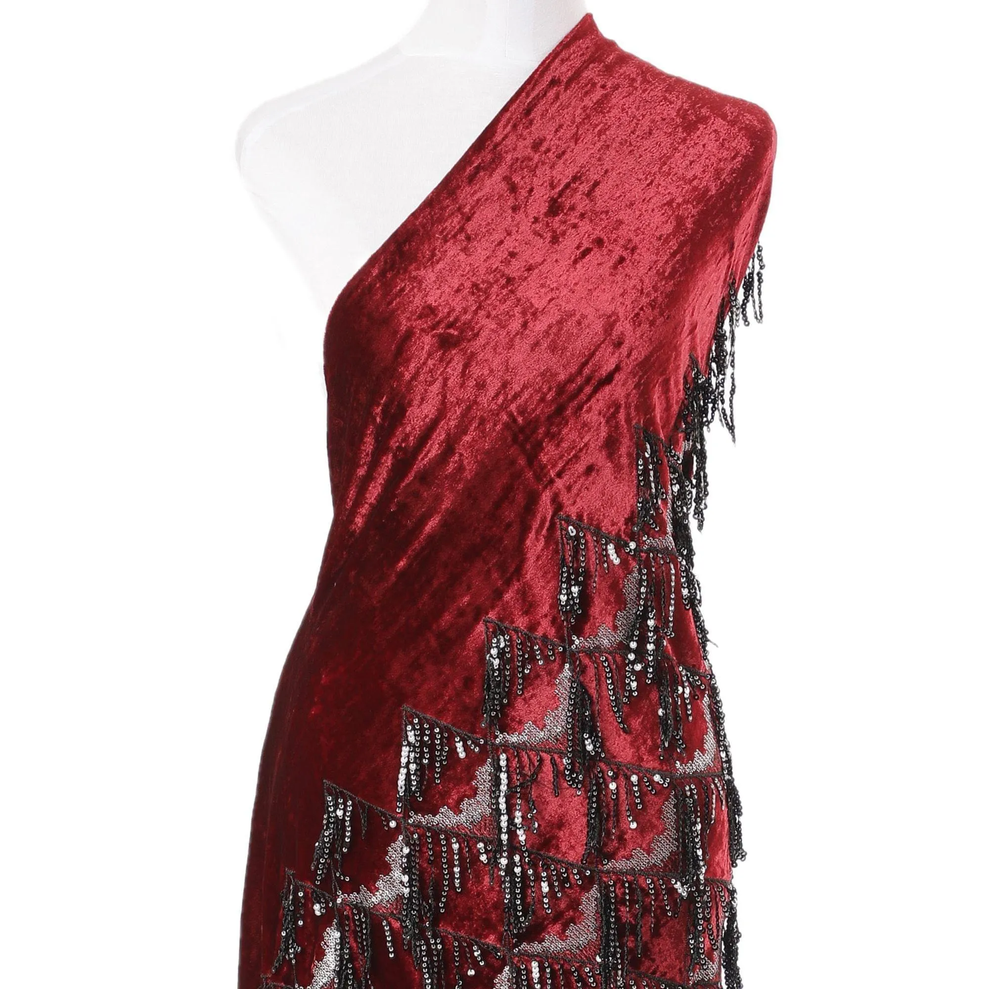 Carmine Red silk blended velvet fabric with black embroidery having black and silver sequins in fancy design-D6088