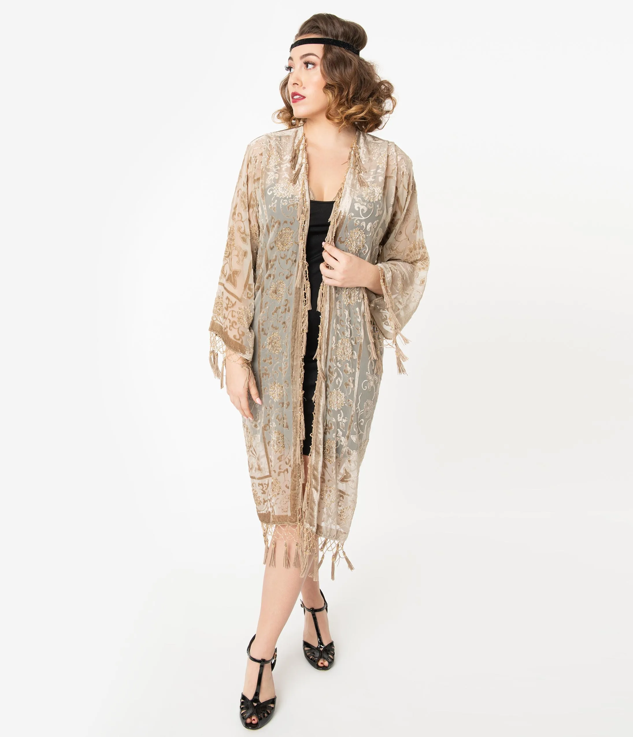 Champagne Medallion Devore Velvet Beaded Flapper Coat