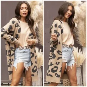 Charcoal Beige Leopard Animal Print Knit Open Cardigan Sweater Casual Womens