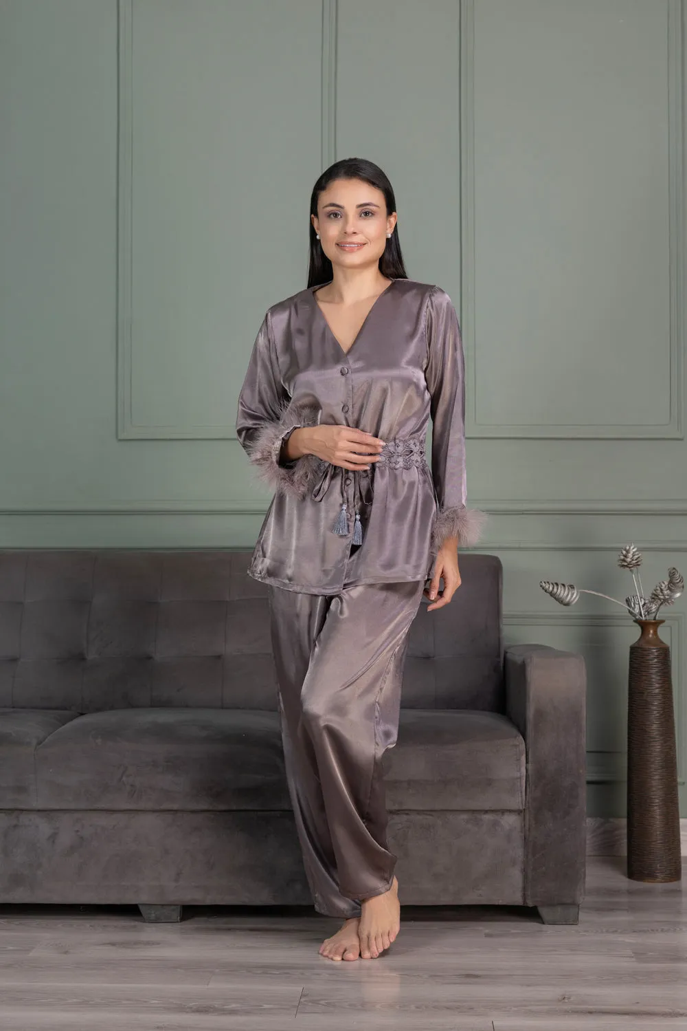 Charcoal Satin Pj set with fur