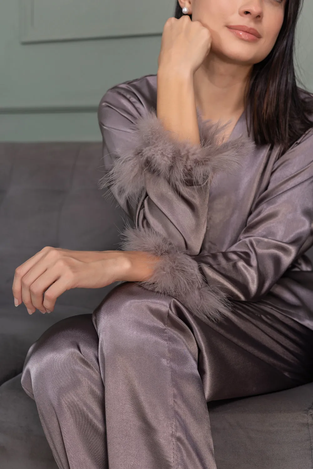 Charcoal Satin Pj set with fur