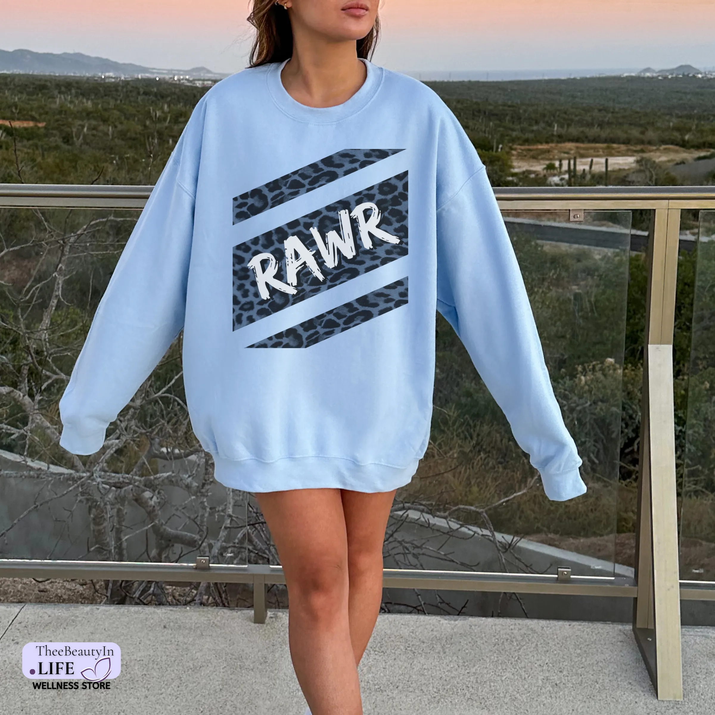 Crewneck Sweatshirt - Panther Print | Animal Print Sweater for Women | Cute Football Shirt with Spots | Blue and White Striped Sweatshirt with Long Sleeves