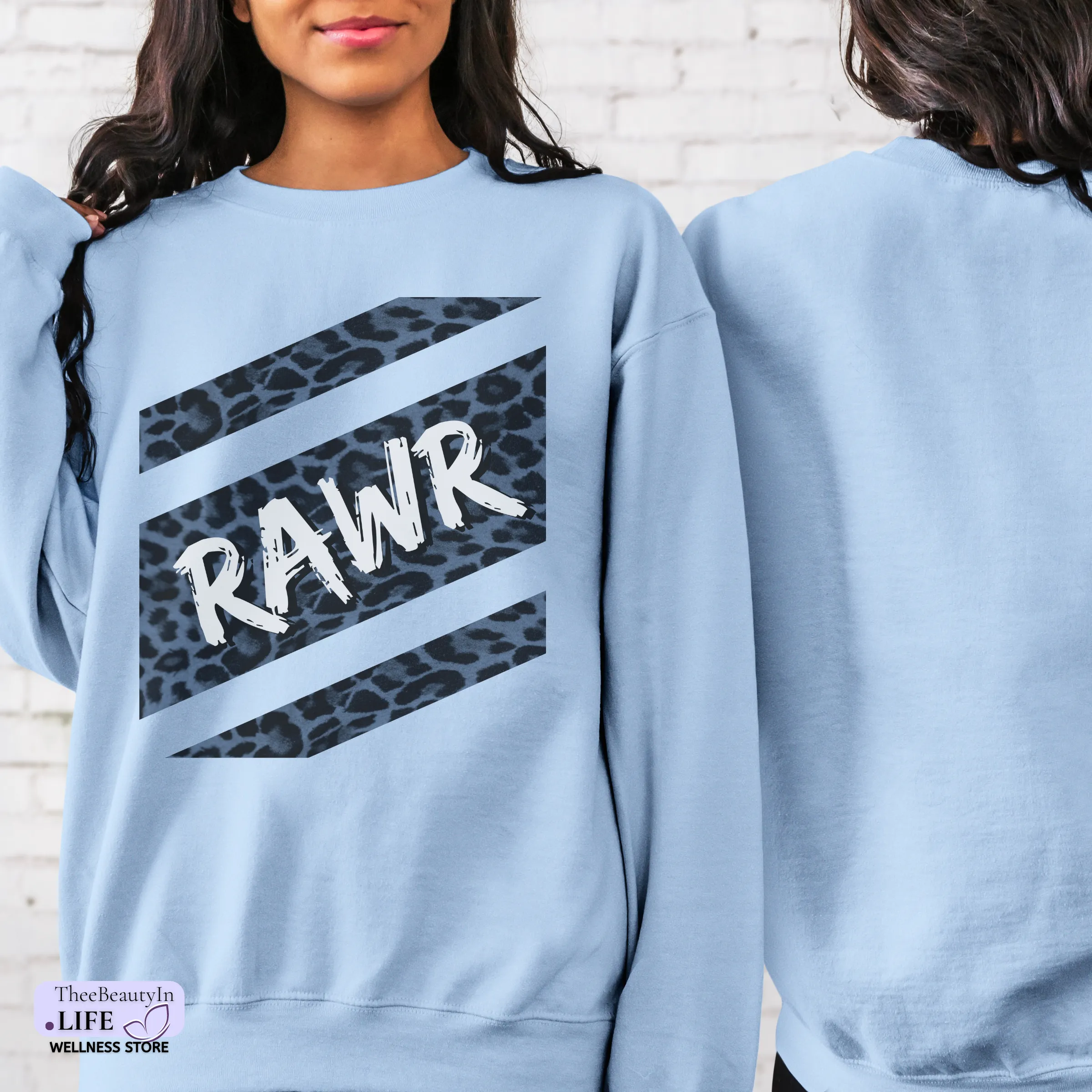 Crewneck Sweatshirt - Panther Print | Animal Print Sweater for Women | Cute Football Shirt with Spots | Blue and White Striped Sweatshirt with Long Sleeves